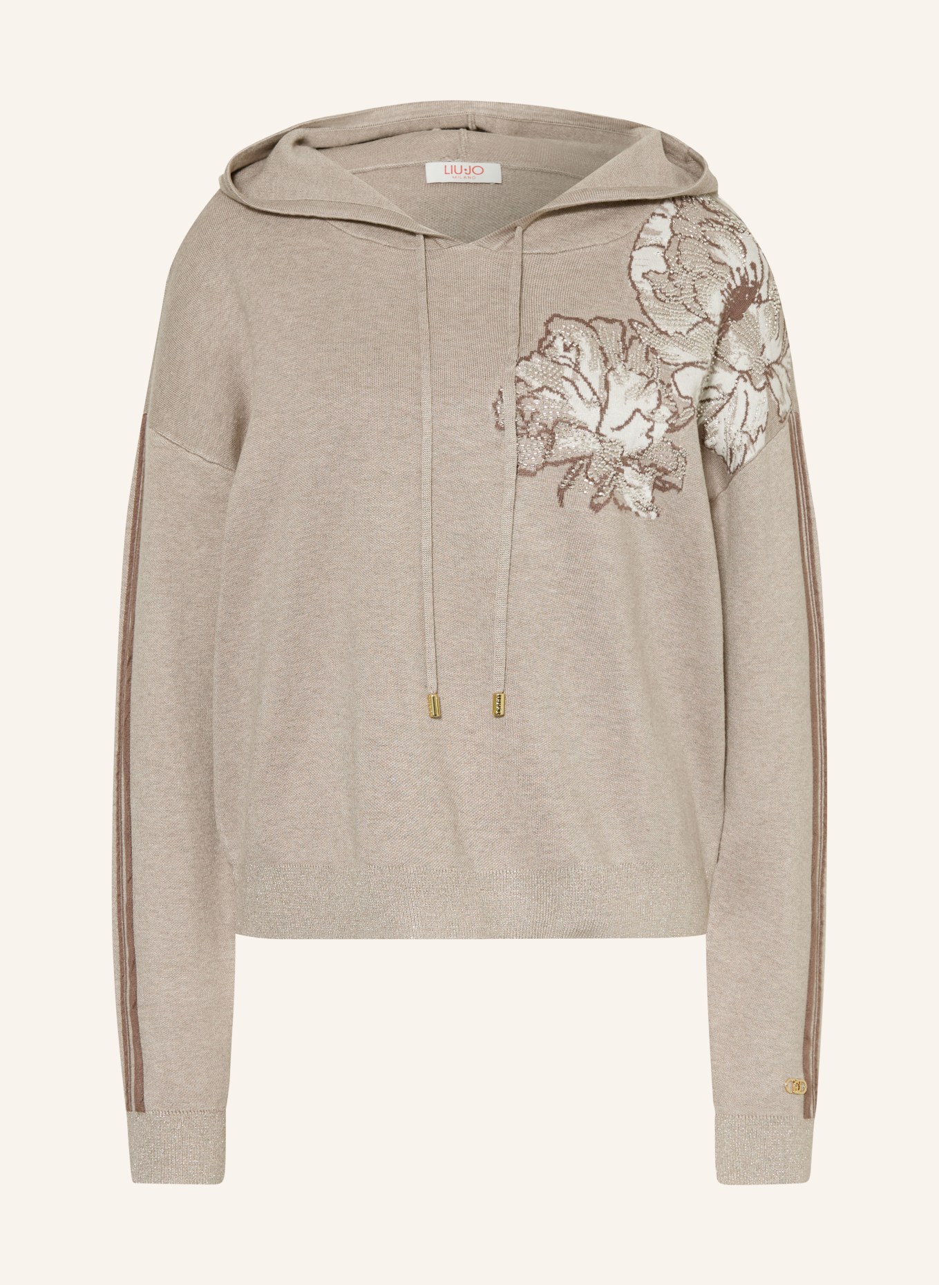LIU JO Gebreide Hoodie met strass-steentjes en glittergaren: LICHTBRUIN / WIT