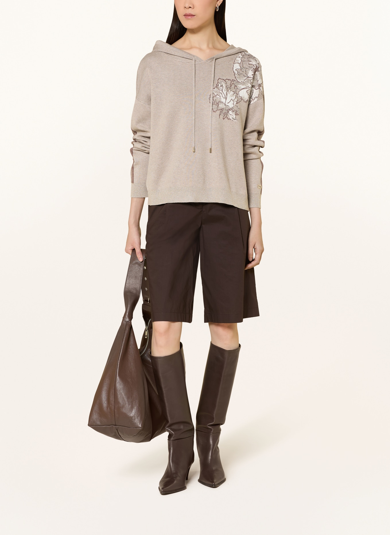 LIU JO Gebreide Hoodie met strass-steentjes en glittergaren: LICHTBRUIN / WIT
