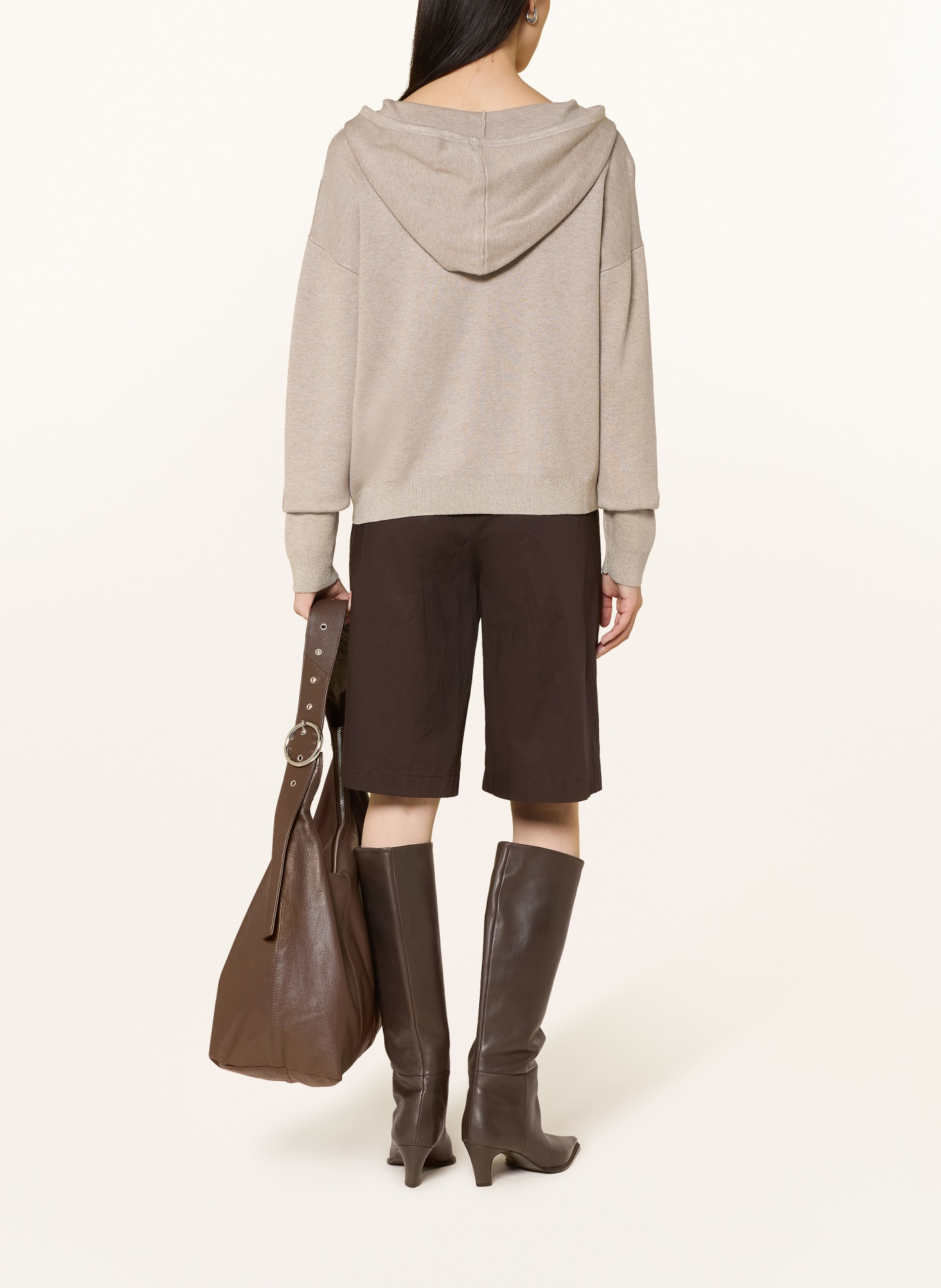 LIU JO Gebreide Hoodie met strass-steentjes en glittergaren: LICHTBRUIN / WIT