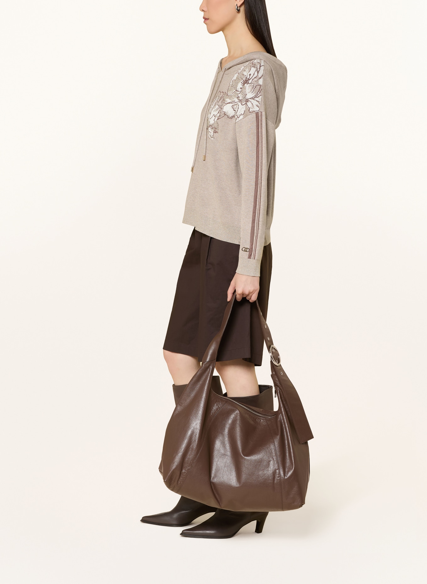 LIU JO Gebreide Hoodie met strass-steentjes en glittergaren: LICHTBRUIN / WIT