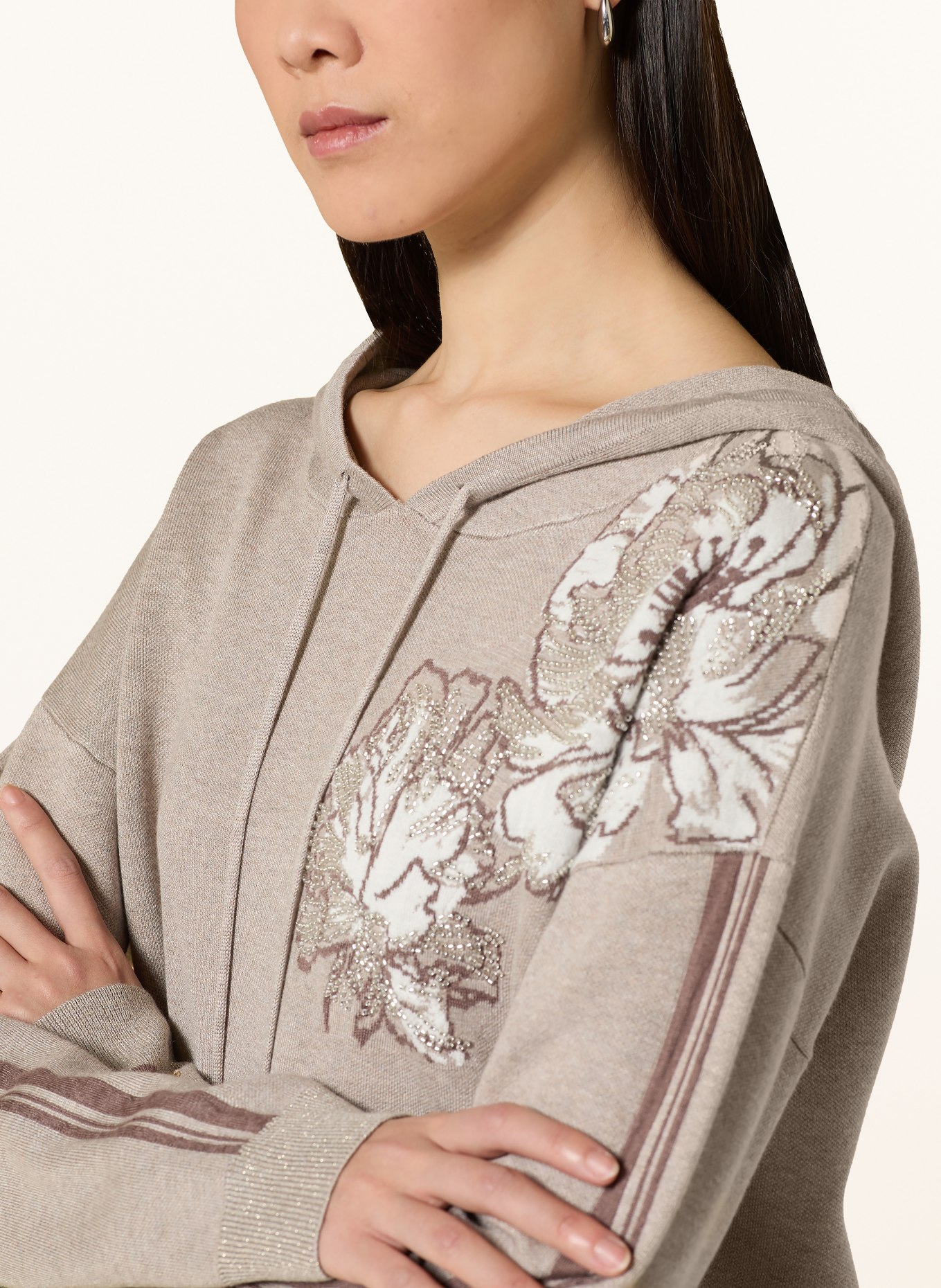 LIU JO Gebreide Hoodie met strass-steentjes en glittergaren: LICHTBRUIN / WIT