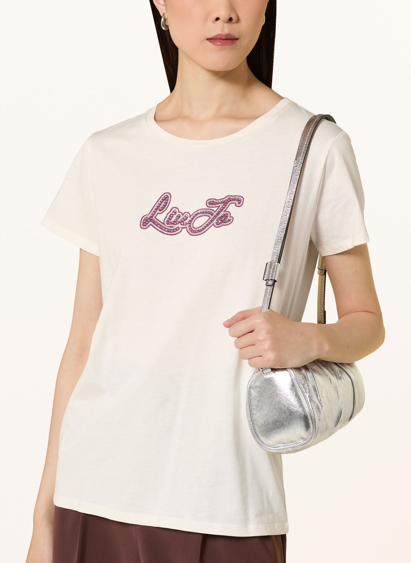 LIU JO T-shirt met sierstenen: WIT / DONKERROOD