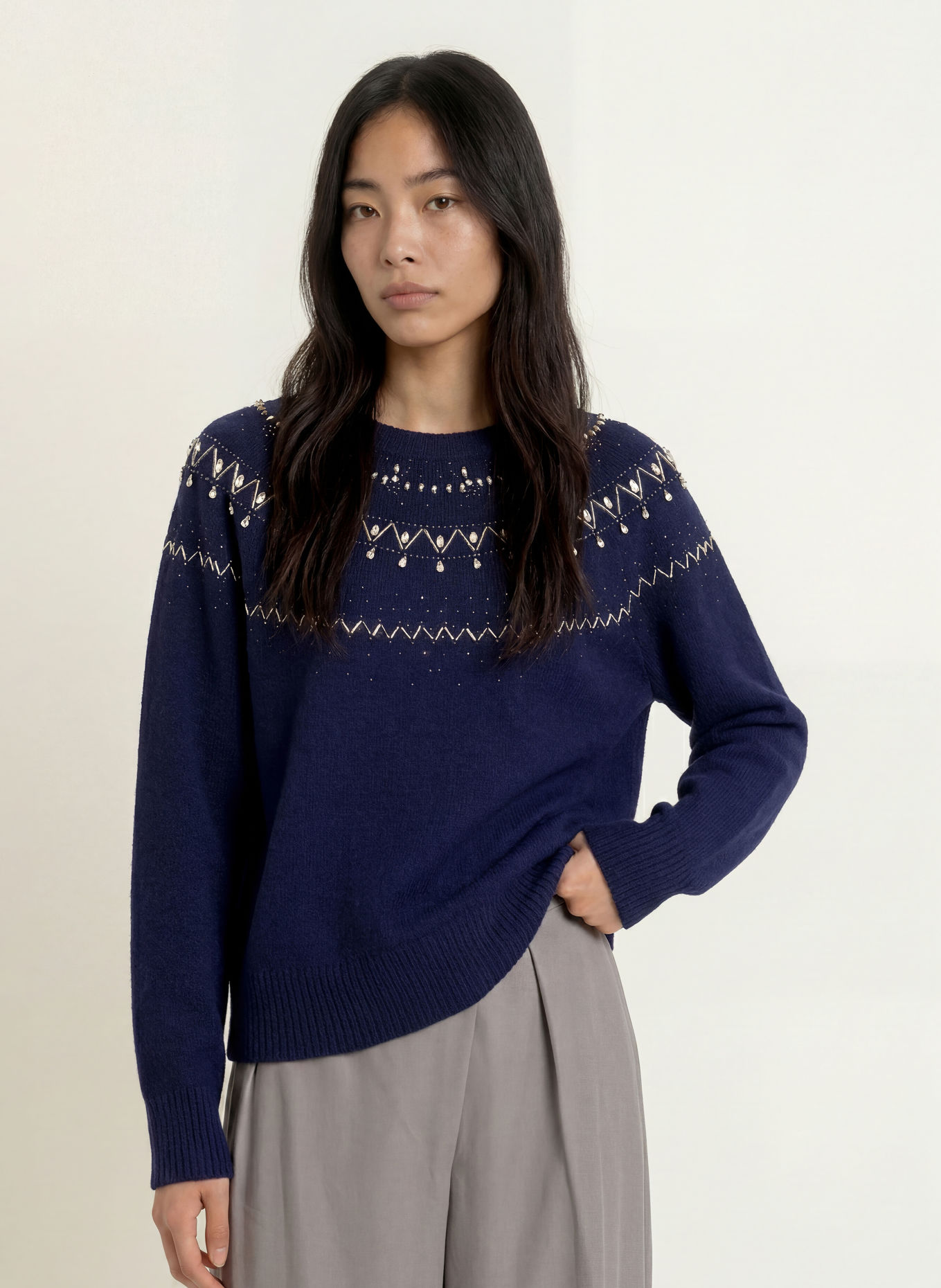 LIU JO Sweater with gemstones: DARK BLUE / SILVER