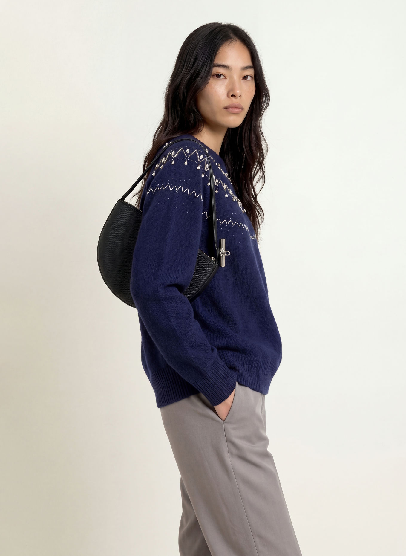 LIU JO Sweater with gemstones: DARK BLUE / SILVER
