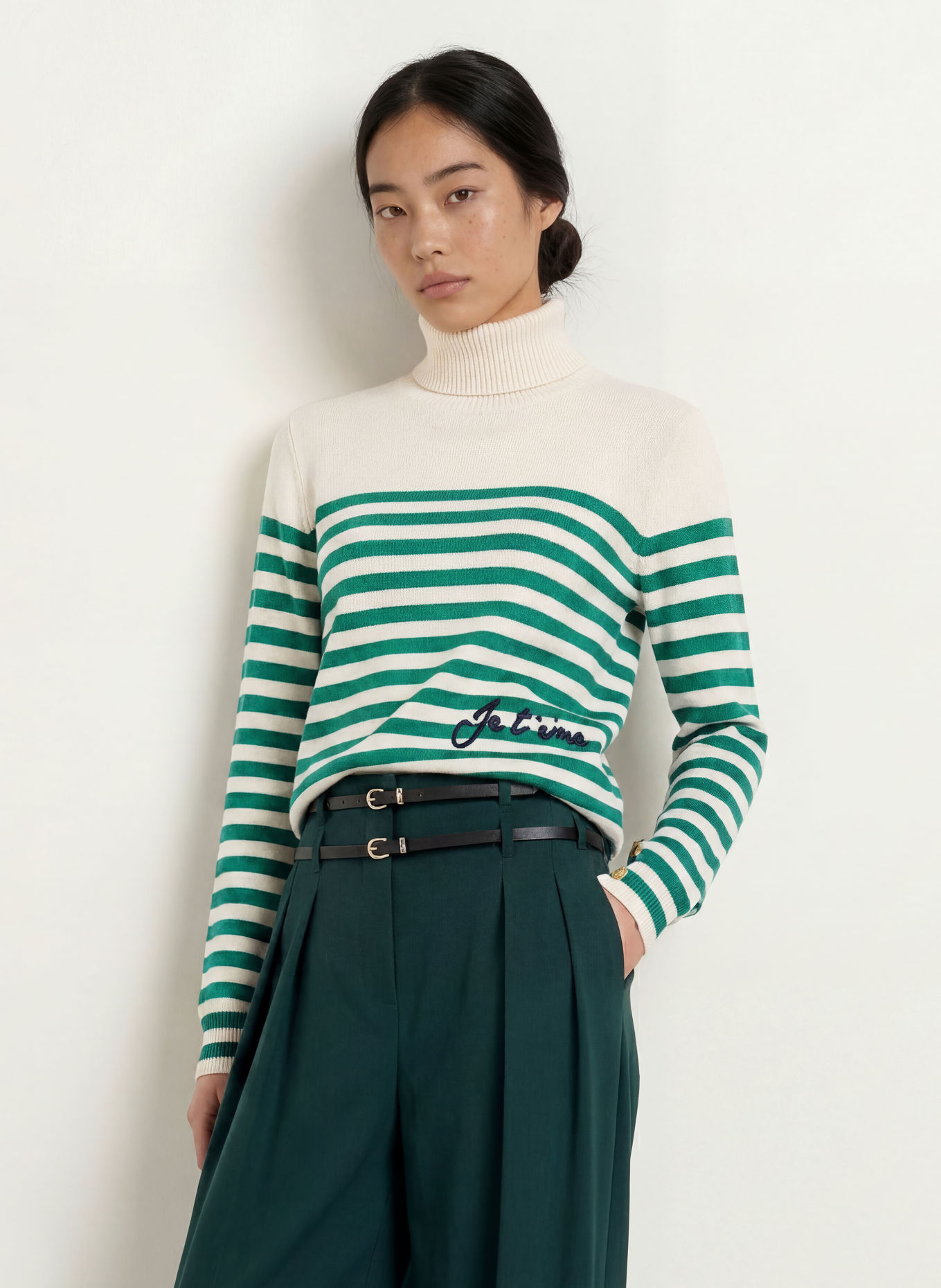 LIU JO Rollkragenpullover: GRÜN / ECRU