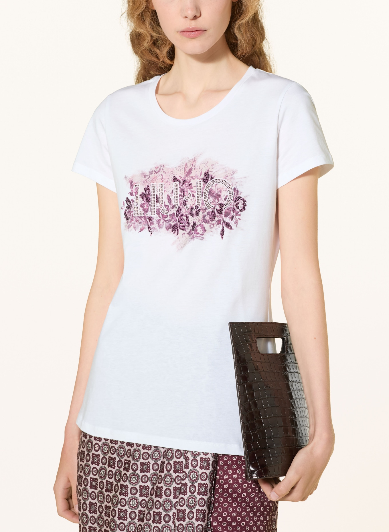 LIU JO T-Shirt mit Schmucksteinen: WEISS / LILA