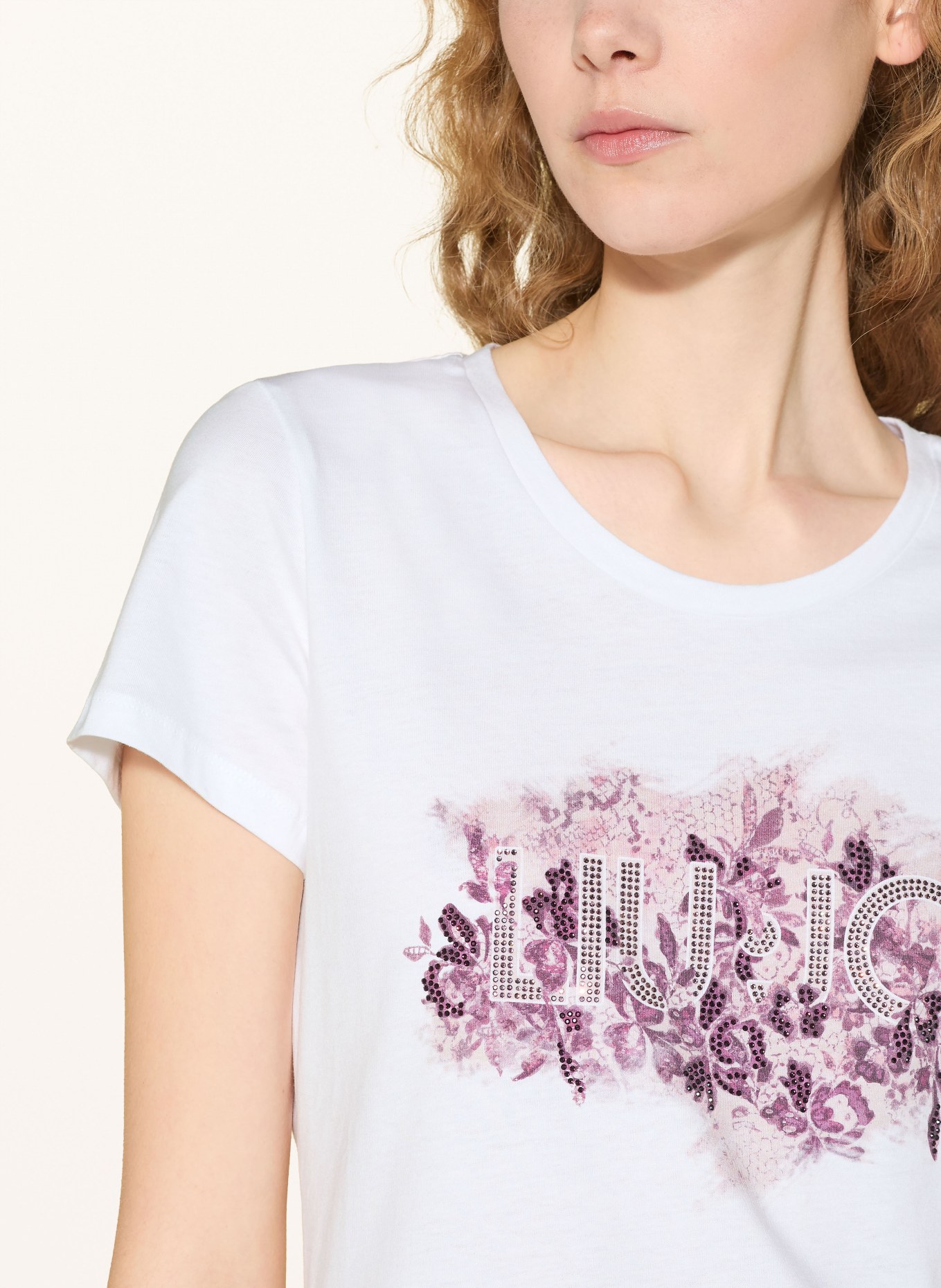 LIU JO T-Shirt mit Schmucksteinen: WEISS / LILA