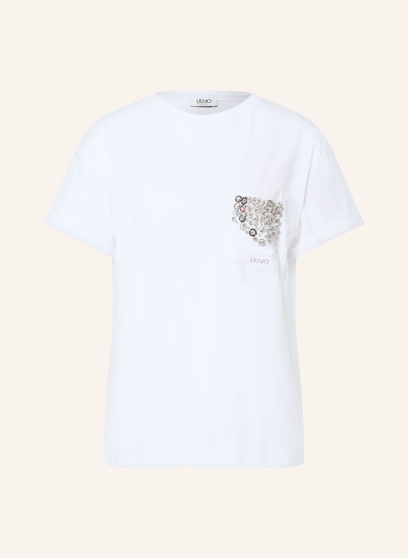 LIU JO T-shirt z cekinami i kamieniami ozdobnymi: BIAŁY