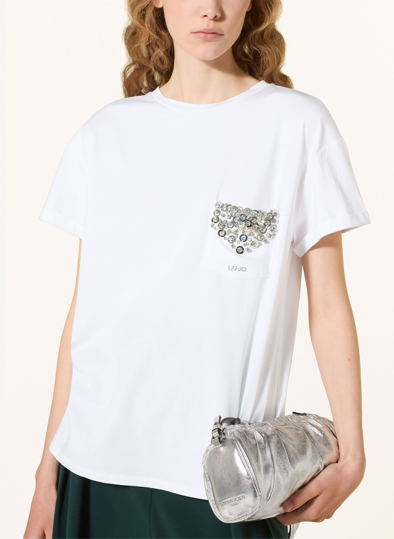 LIU JO T-shirt z cekinami i kamieniami ozdobnymi: BIAŁY