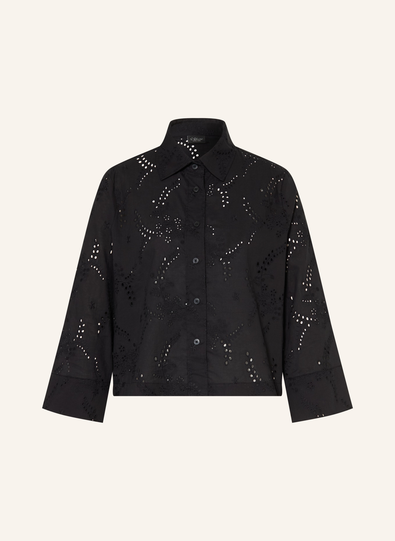 s.Oliver BLACK LABEL Overhemdblouse van opengewerkt kant met 3/4-mouwen: ZWART