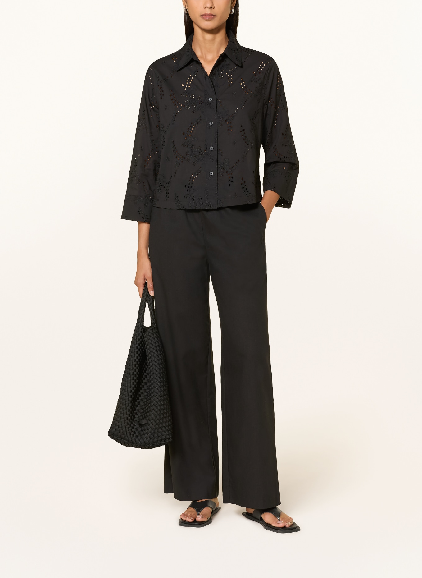 s.Oliver BLACK LABEL Overhemdblouse van opengewerkt kant met 3/4-mouwen: ZWART