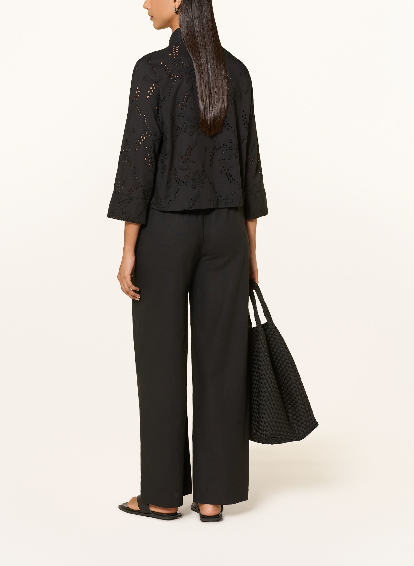 s.Oliver BLACK LABEL Overhemdblouse van opengewerkt kant met 3/4-mouwen: ZWART