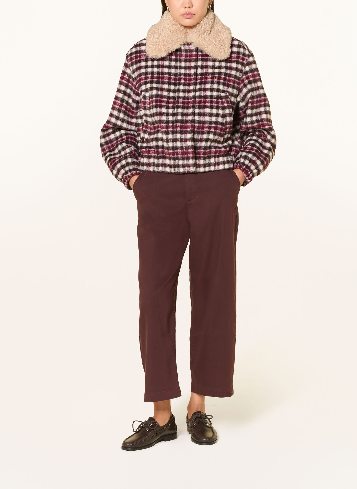 Marc O'Polo DENIM Jacket with detachable collar: DARK BROWN / CREAM / DARK RED