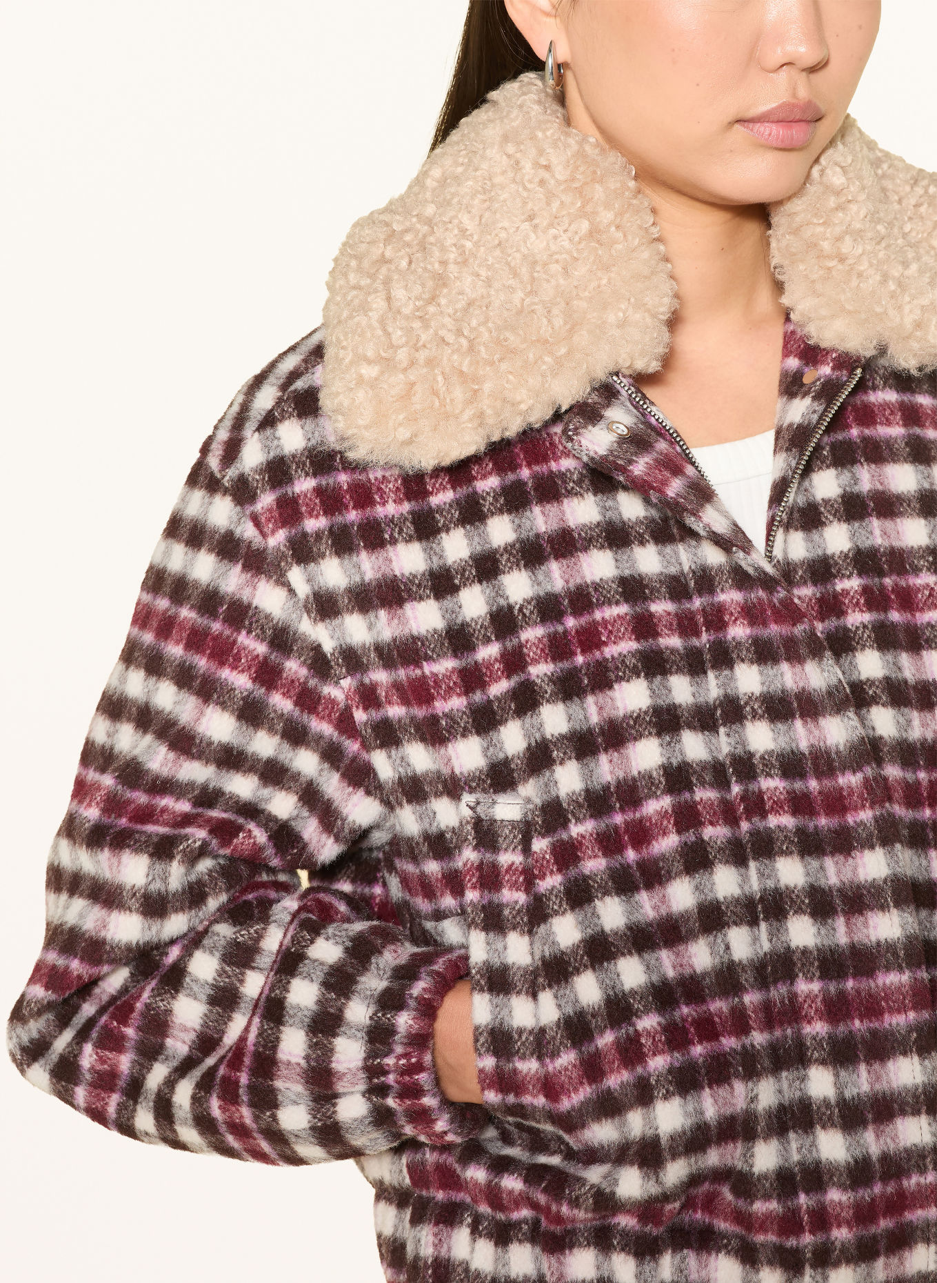 Marc O'Polo DENIM Jacket with detachable collar: DARK BROWN / CREAM / DARK RED