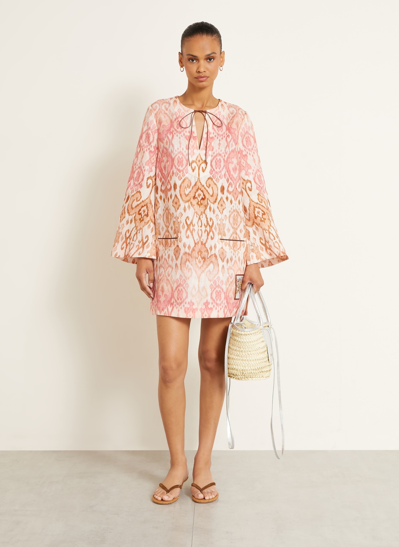ZIMMERMANN Robe de plage ASTER SHIFT en lin: ROSE / MARRON CLAIR / CRÈME