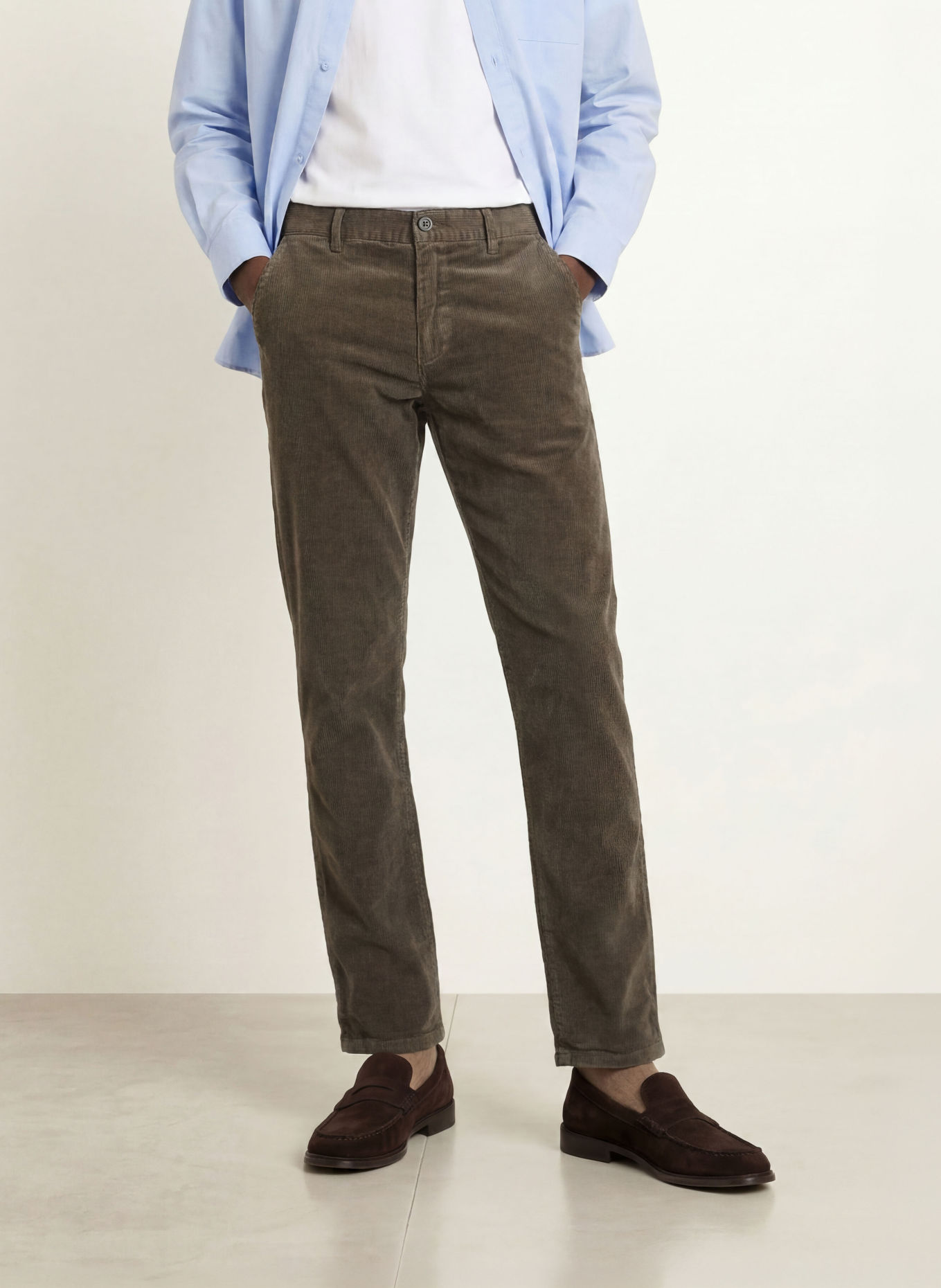 PAUL Pantalon en velours côtelé, coupe classique: OLIVE