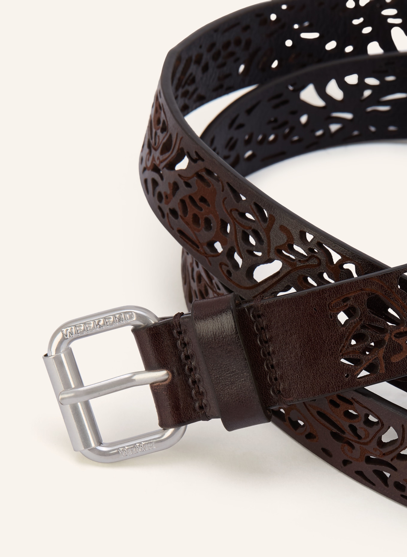 WEEKEND Max Mara Leren riem GIUNCHI met uitsparingen: MARRON FONCÉ / ZILVER