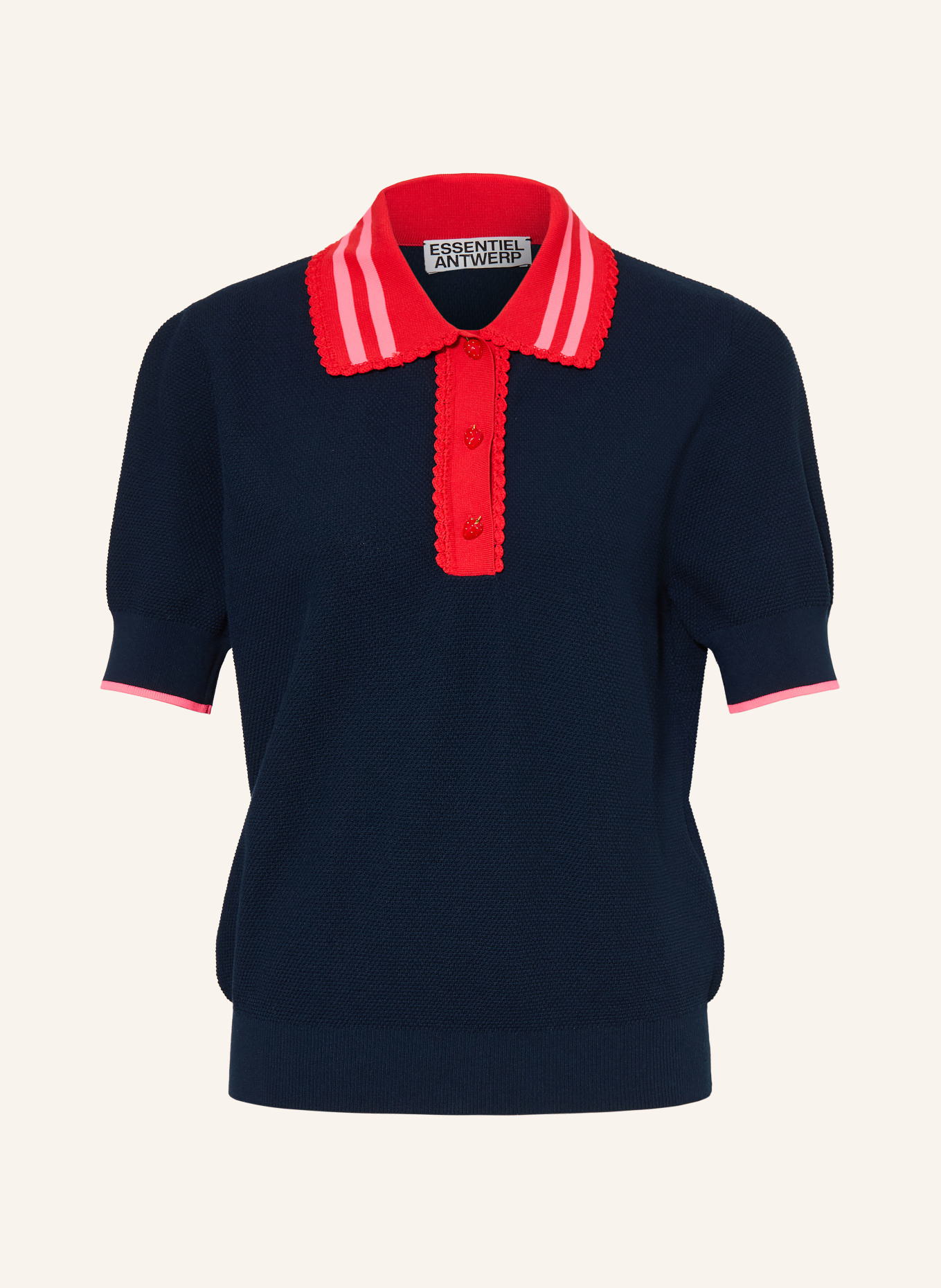 ESSENTIEL ANTWERP Strick-Poloshirt: DUNKELBLAU / NEONROSA / ROT