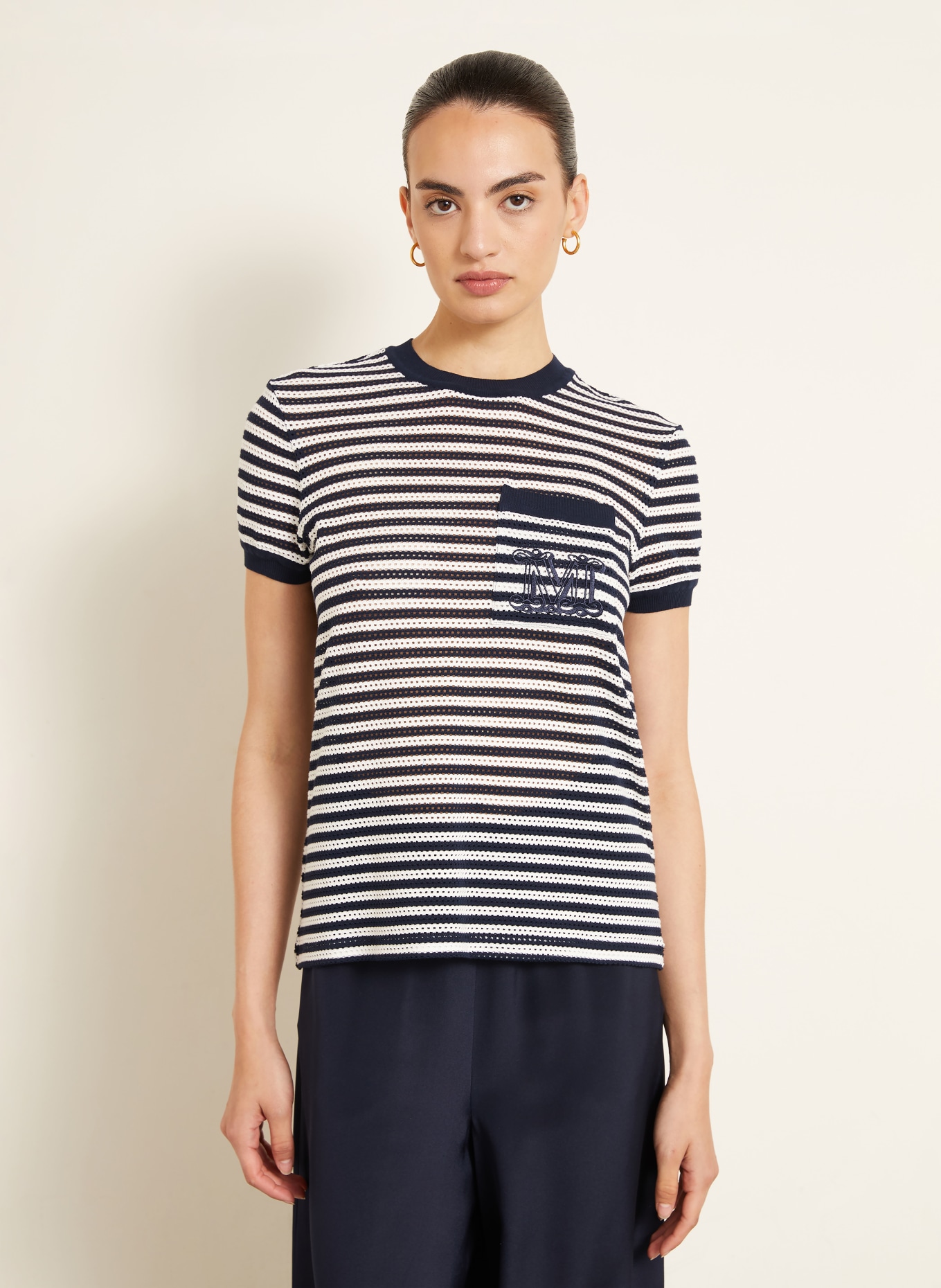 Max Mara DRAGO Knit shirt: DARK BLUE / WHITE