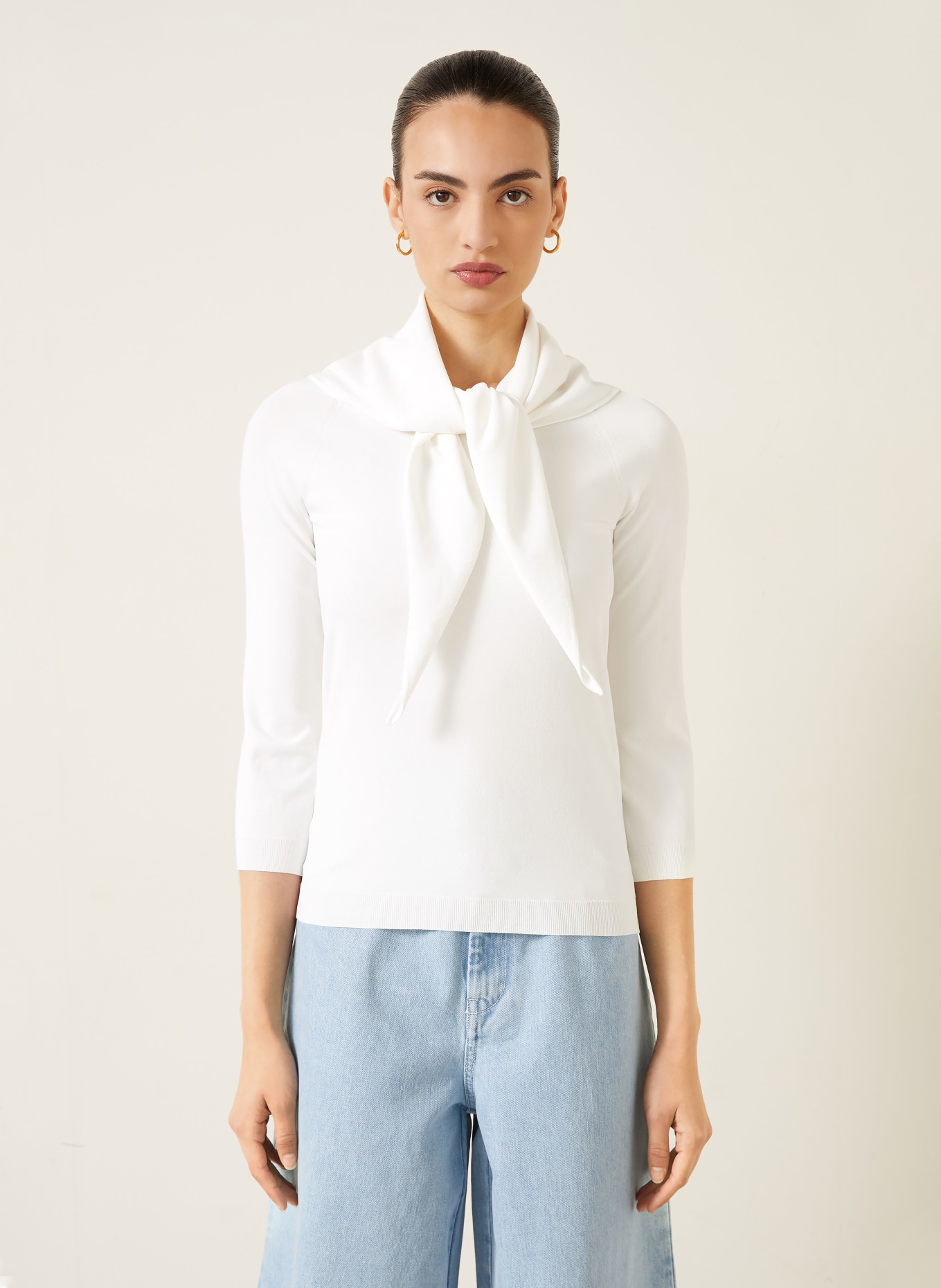 Max Mara FENICE sweater with 3/4 sleeves and detachable triangular scarf: WHITE