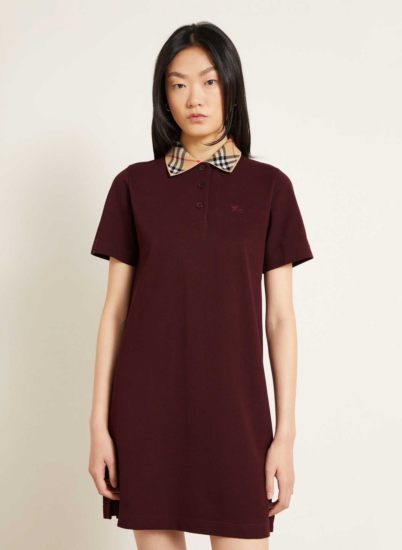 BURBERRY Piqué-Polokleid: DUNKELROT / HELLBRAUN / ROT