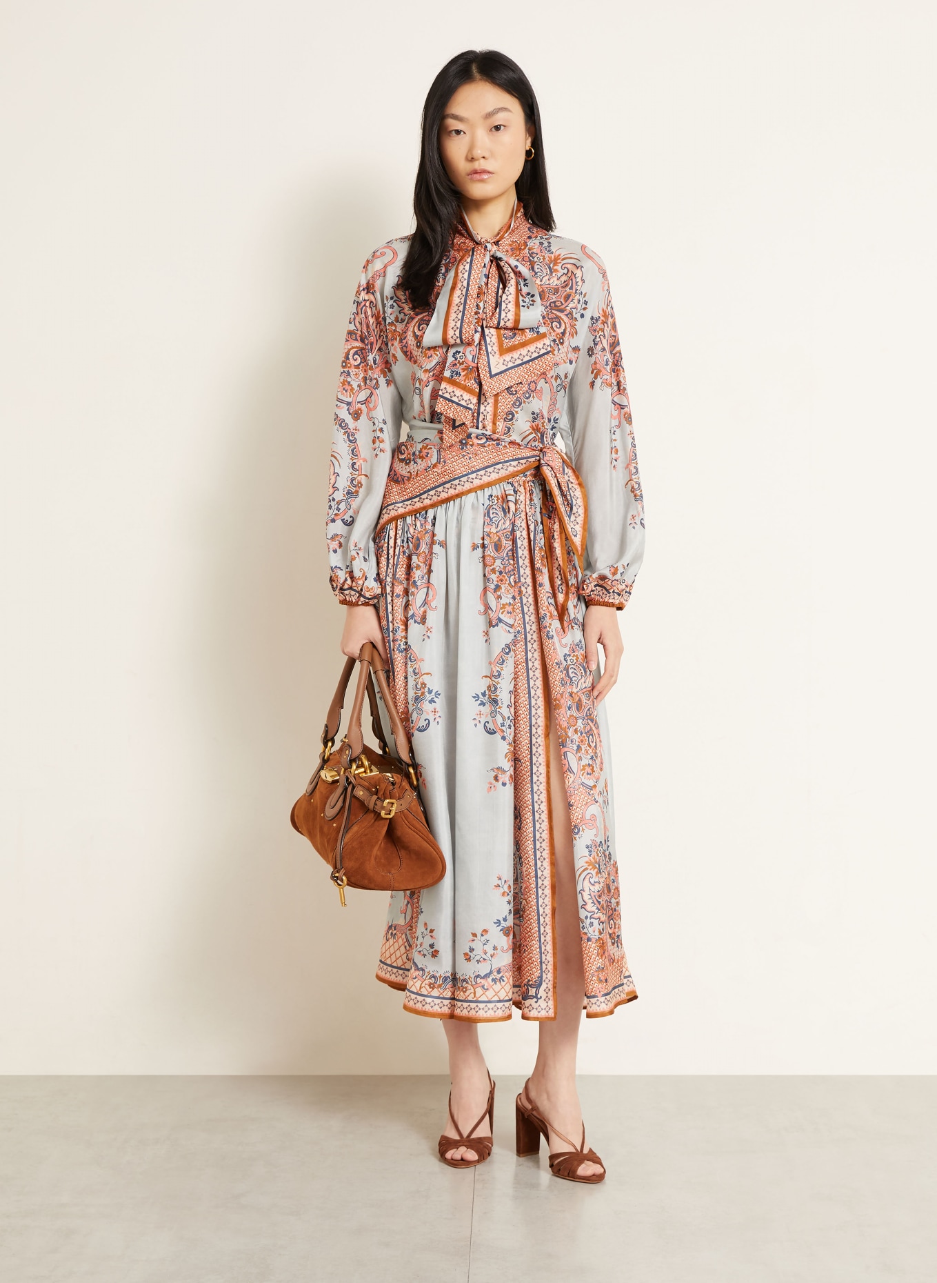 ZIMMERMANN Jupe en satin ASTER en soie: BLEU GRIS / SAUMON / BLEU
