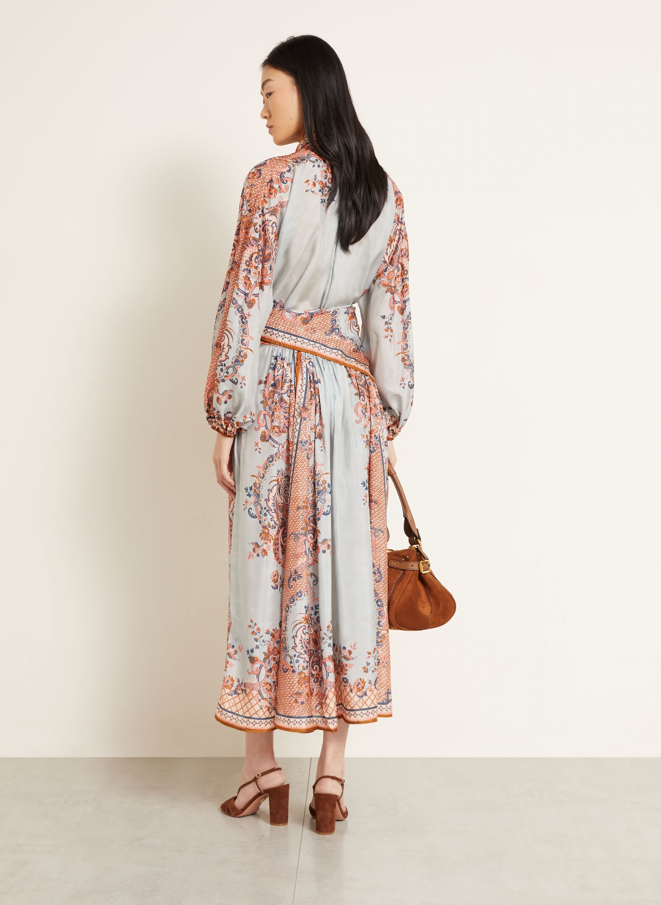 ZIMMERMANN Jupe en satin ASTER en soie: BLEU GRIS / SAUMON / BLEU