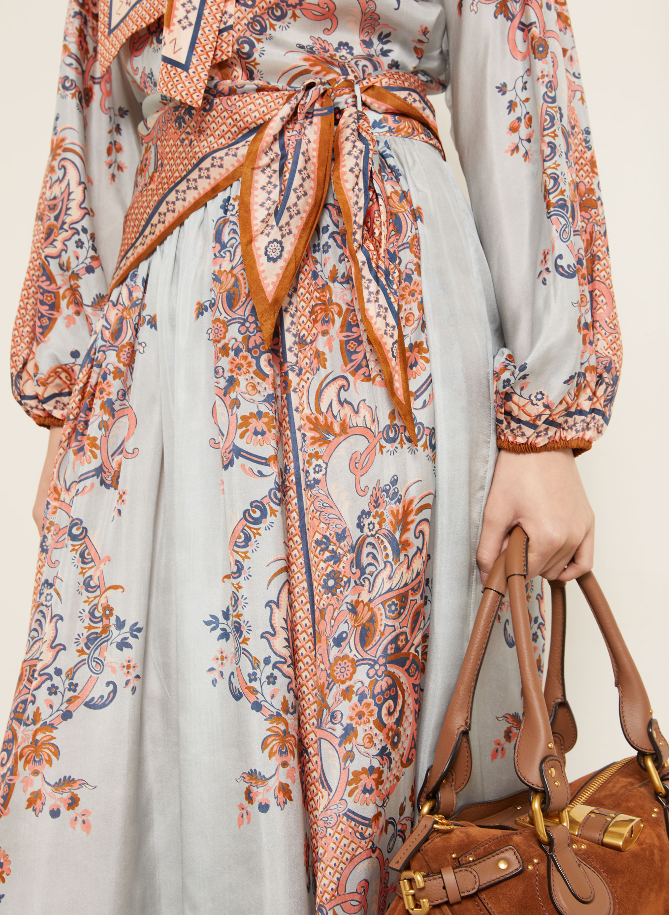 ZIMMERMANN Jupe en satin ASTER en soie: BLEU GRIS / SAUMON / BLEU