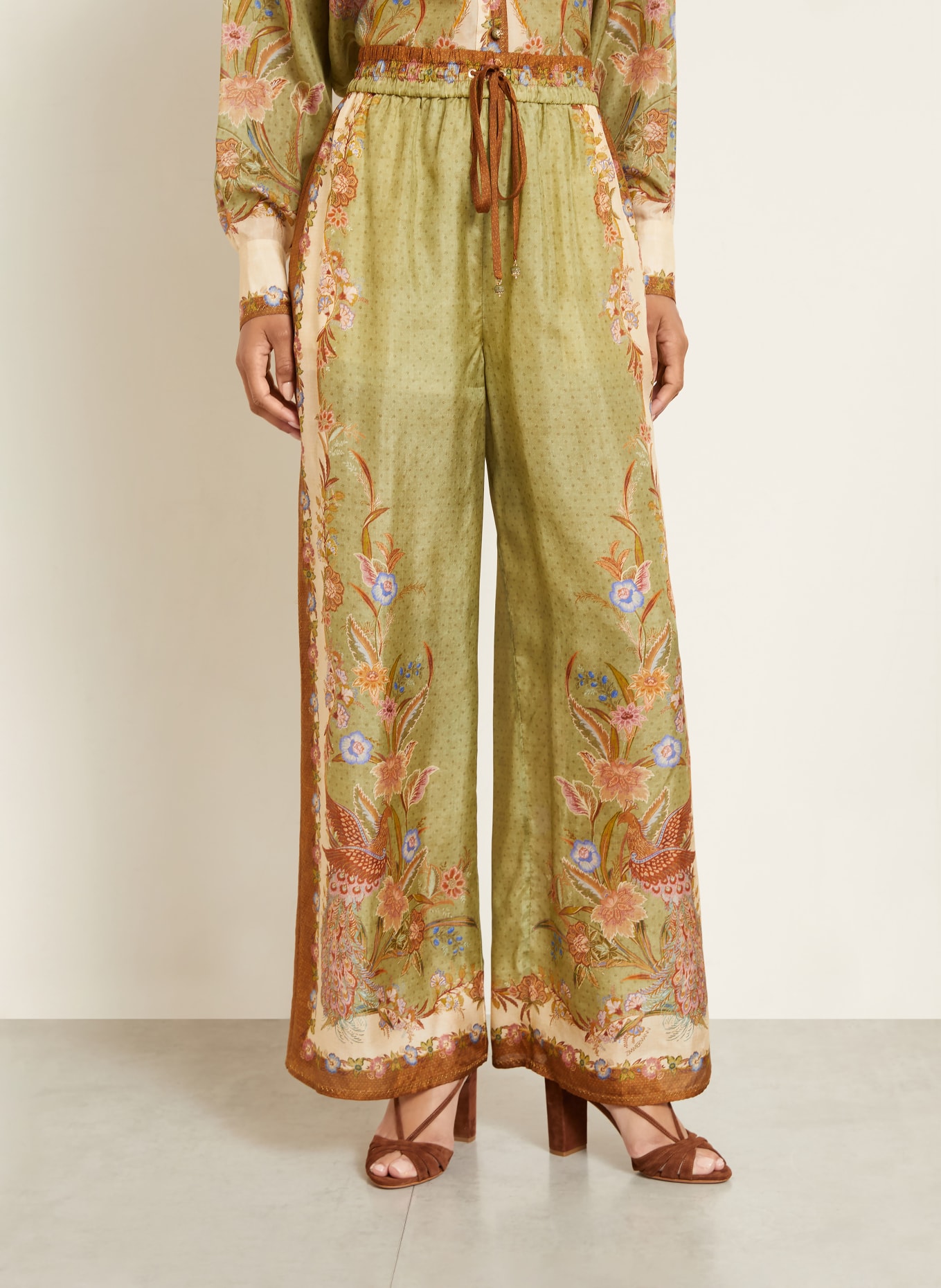 ZIMMERMANN Seidenhose INDRA: GRÜN / BRAUN / CREME
