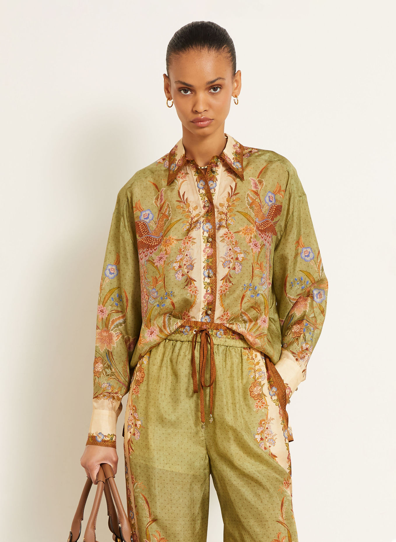 ZIMMERMANN Silke-bluse INDRA: GRØN / BRUN / CREME