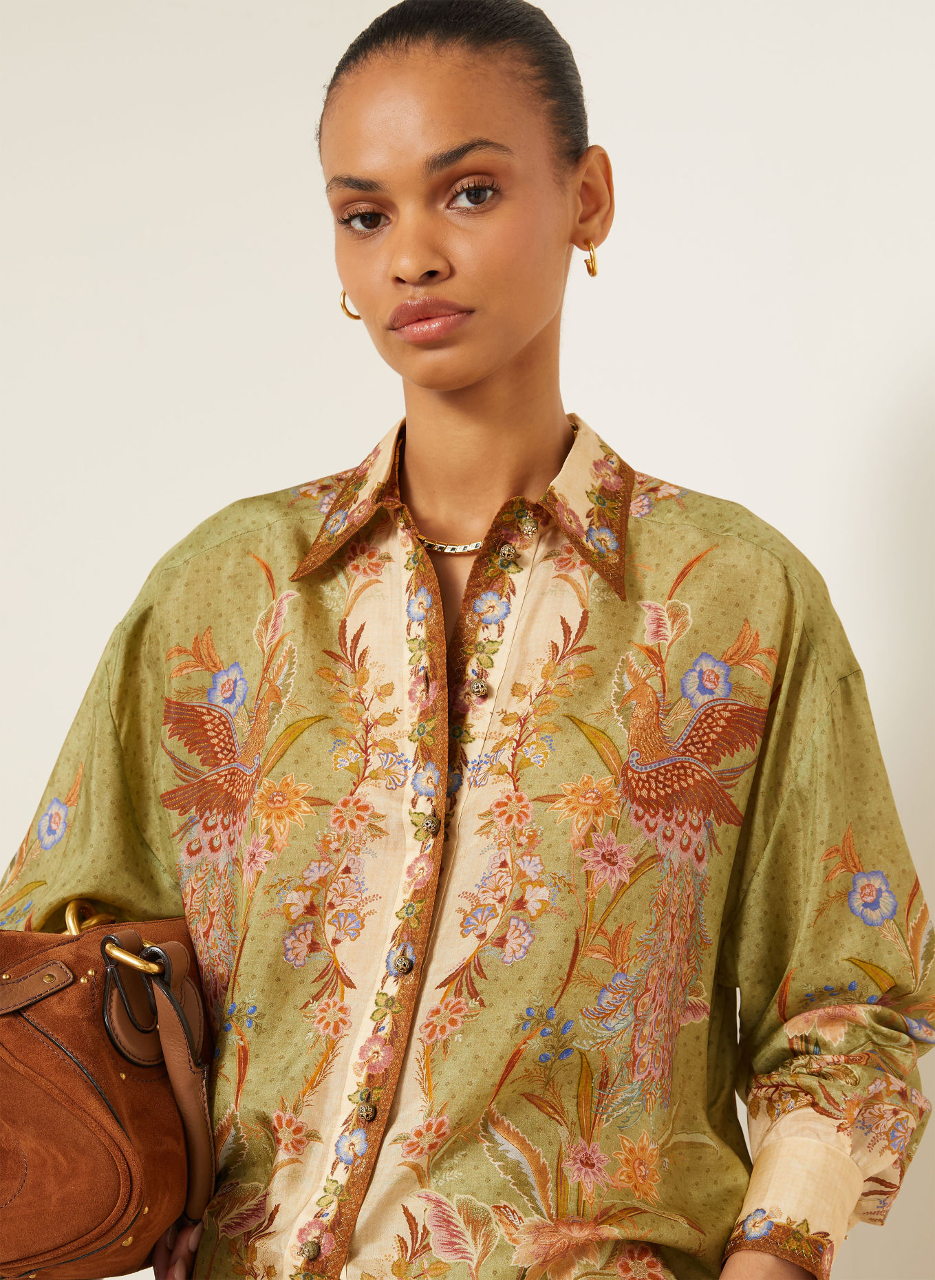 ZIMMERMANN Silke-bluse INDRA: GRØN / BRUN / CREME