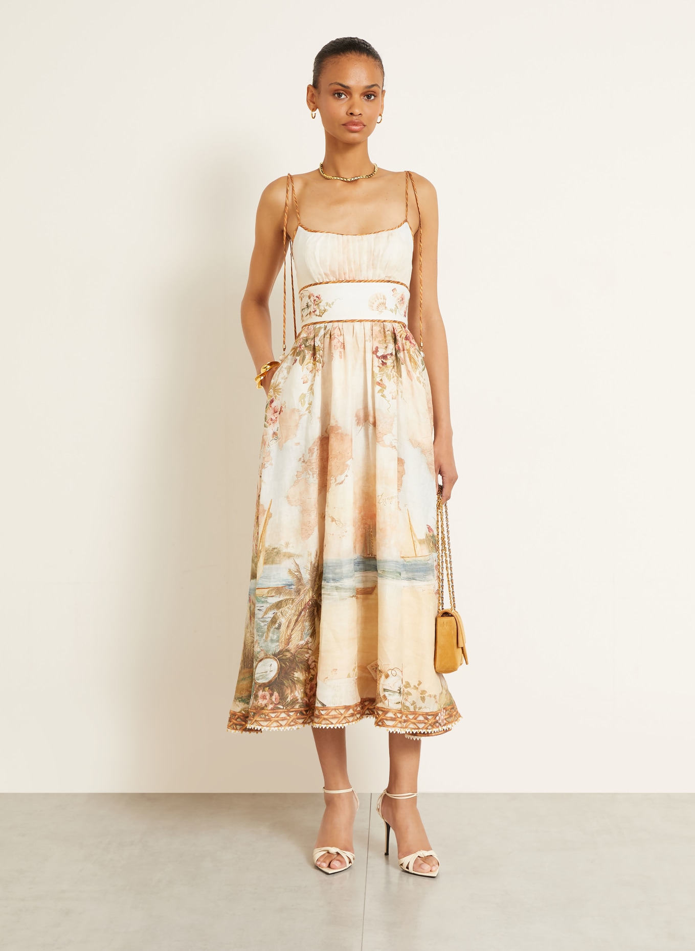 ZIMMERMANN Leinenkleid MAHON mit Plissees: BEIGE / ROSA / HELLGRÜN
