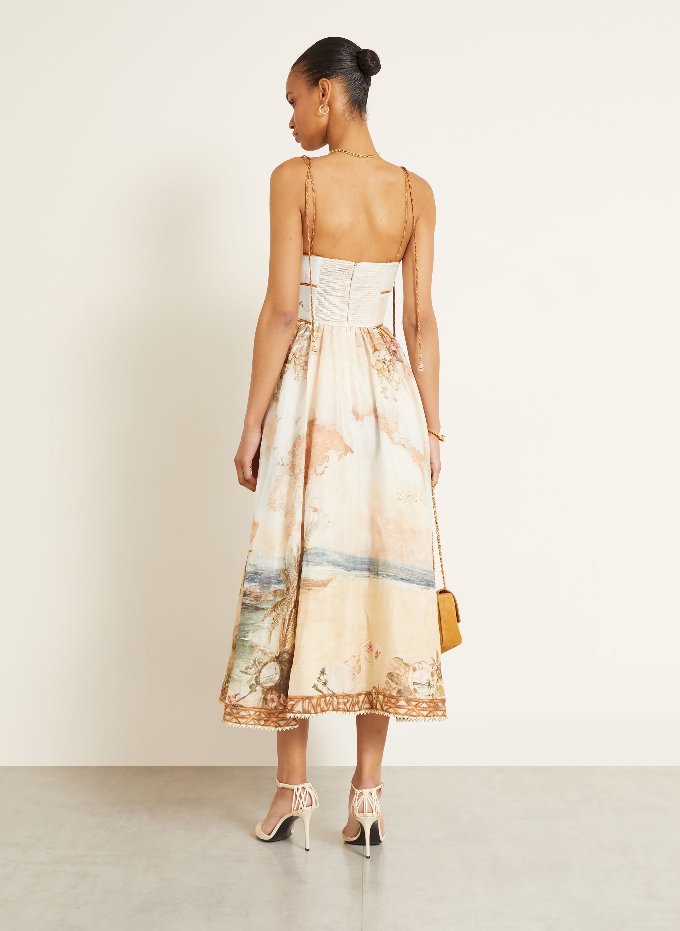 ZIMMERMANN Leinenkleid MAHON mit Plissees: BEIGE / ROSA / HELLGRÜN