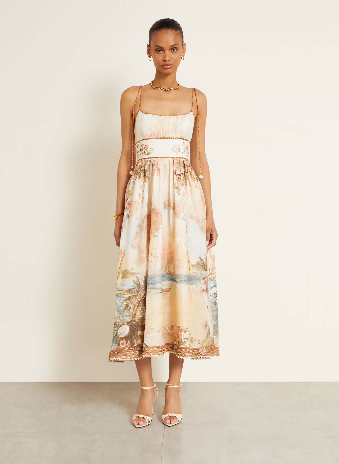 ZIMMERMANN Leinenkleid MAHON mit Plissees: BEIGE / ROSA / HELLGRÜN