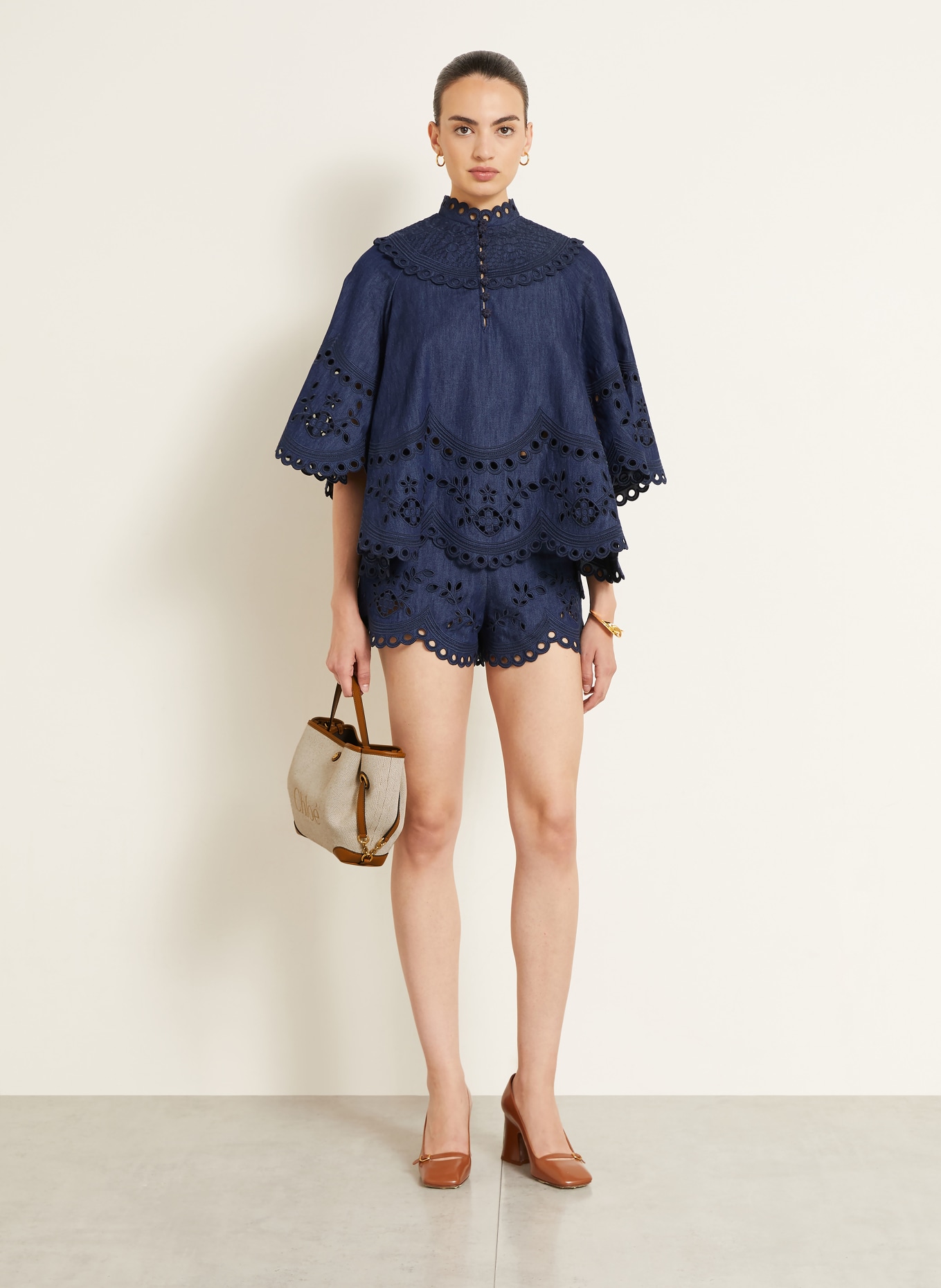 ZIMMERMANN Jeansbluse MAHON mit Lochspitze und 3/4-Arm: DUNKELBLAU