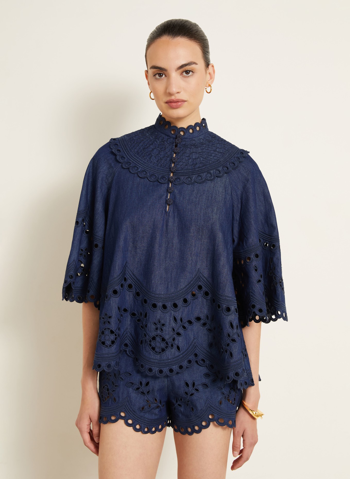 ZIMMERMANN Jeansbluse MAHON mit Lochspitze und 3/4-Arm: DUNKELBLAU
