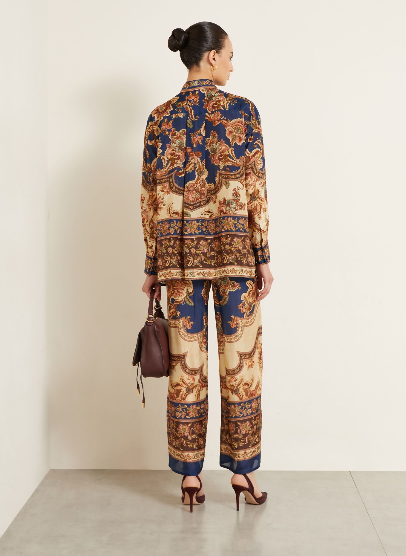 ZIMMERMANN ASTER Silk Pants: DARK BLUE / BROWN / BEIGE