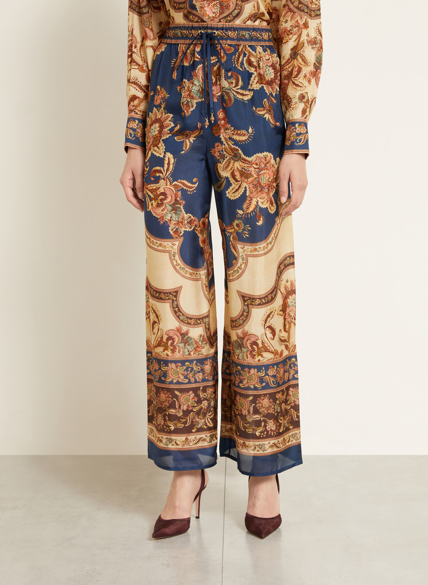 ZIMMERMANN ASTER Silk Pants: DARK BLUE / BROWN / BEIGE