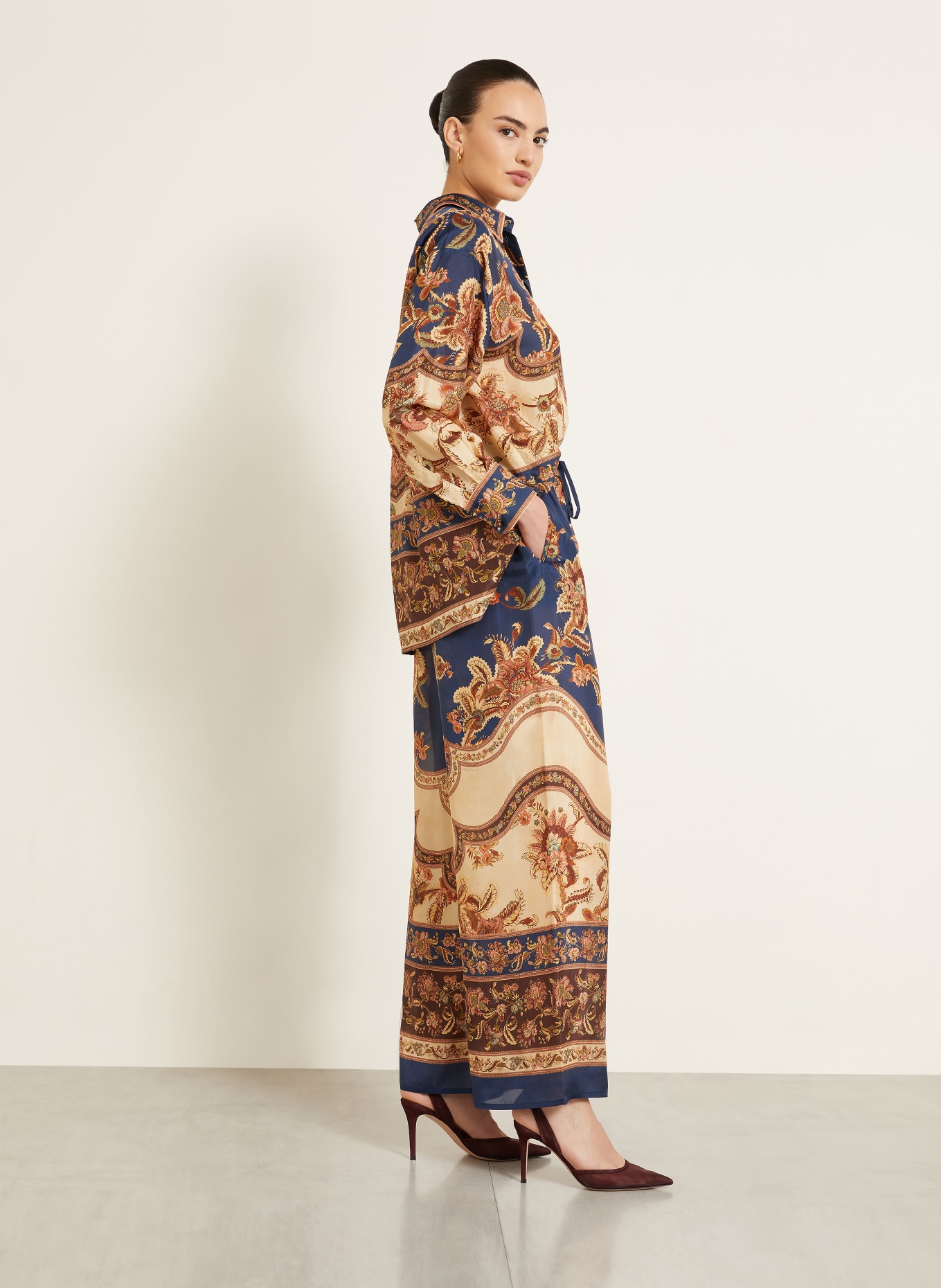 ZIMMERMANN ASTER Silk Pants: DARK BLUE / BROWN / BEIGE