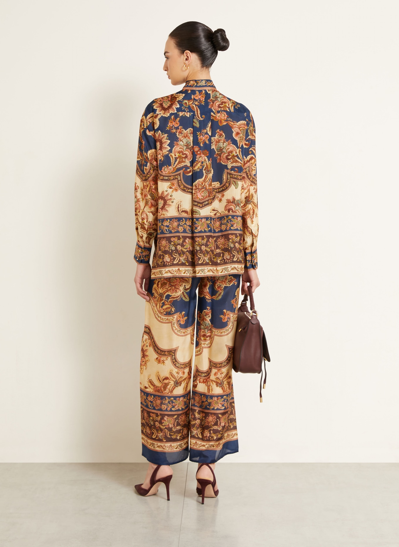 ZIMMERMANN ASTER silk shirt blouse: DARK BLUE / BROWN / BEIGE