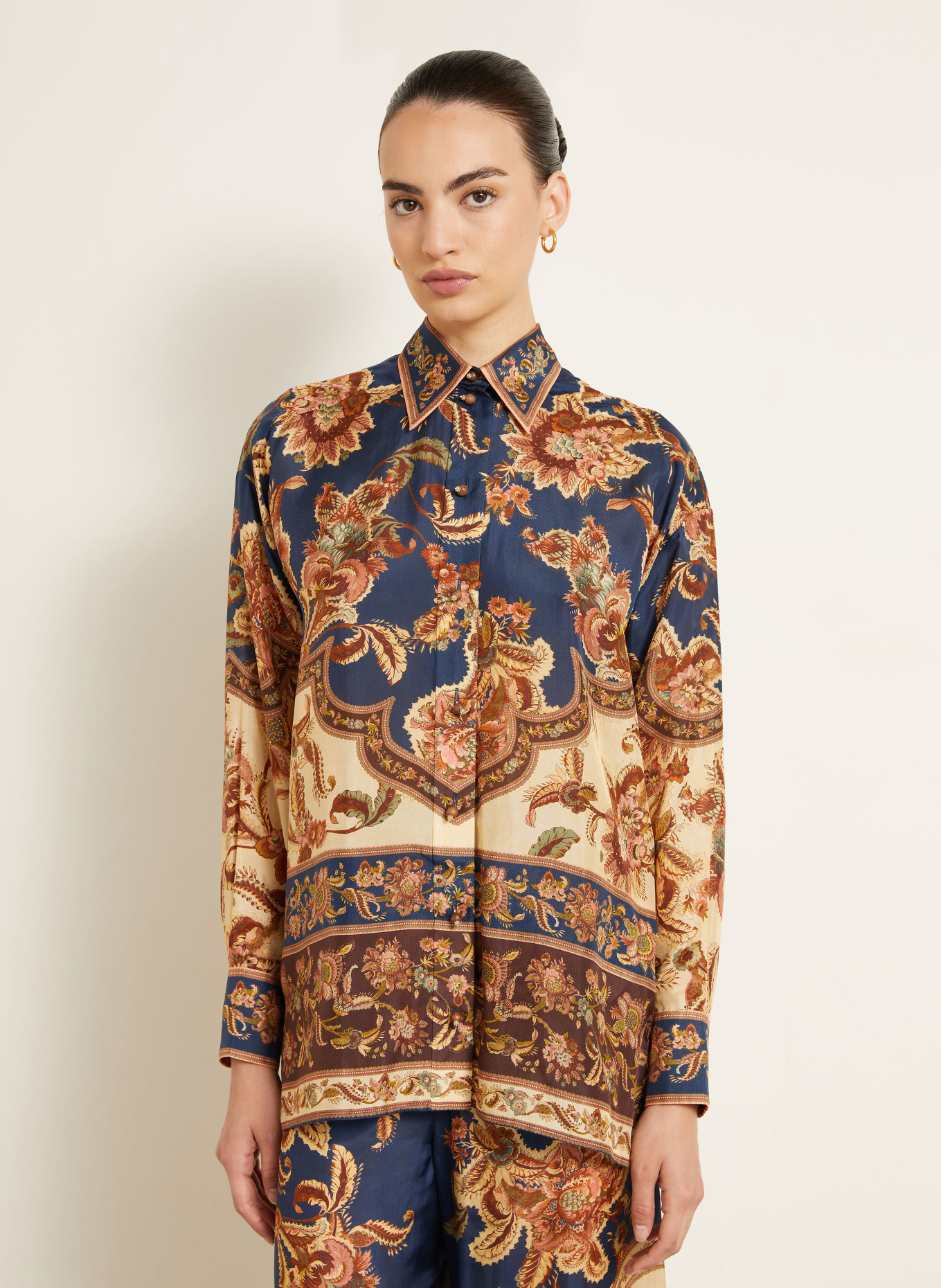 ZIMMERMANN ASTER silk shirt blouse: DARK BLUE / BROWN / BEIGE