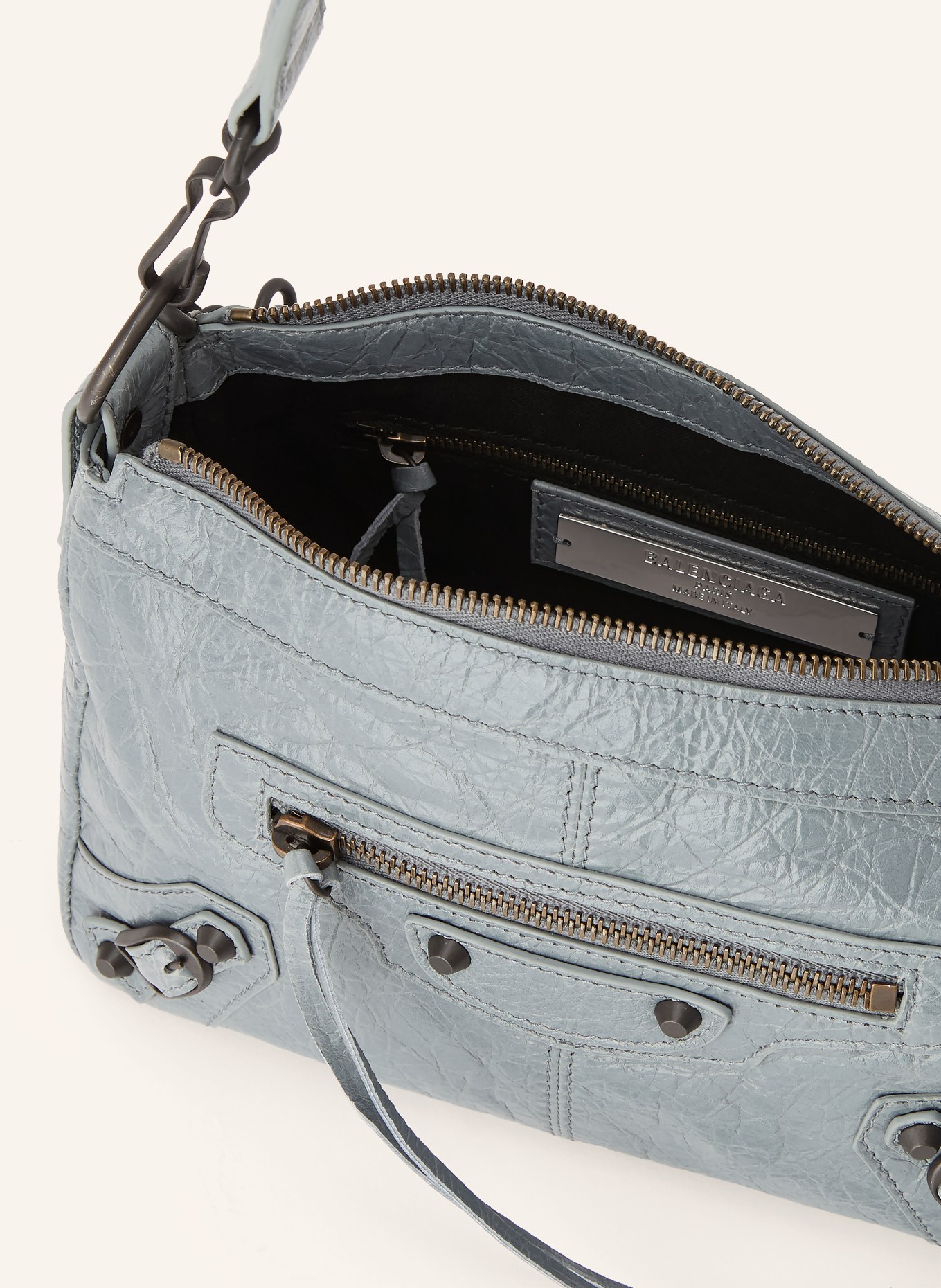 BALENCIAGA Sac à main LE CITY MOTO MINI avec rivets: GRIS / PLATINE / OR