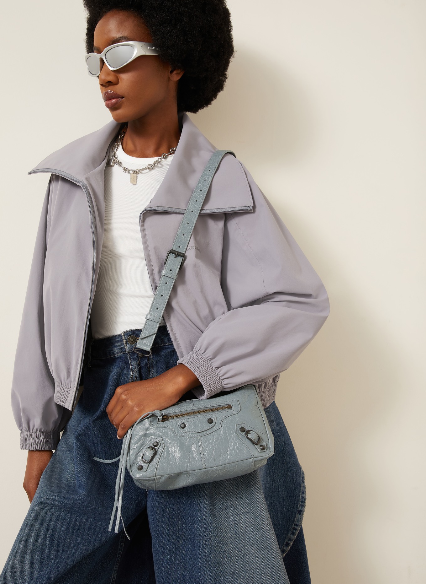 BALENCIAGA Sac à main LE CITY MOTO MINI avec rivets: GRIS / PLATINE / OR