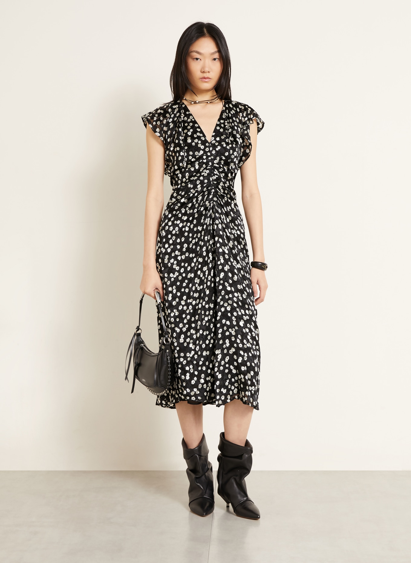 ISABEL MARANT Kleid LYNDSAY mit Seide und Volants: SCHWARZ / WEISS