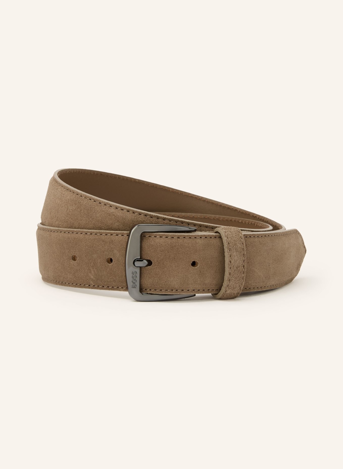 BOSS Leren riem SYHR: TAUPE / ZILVER