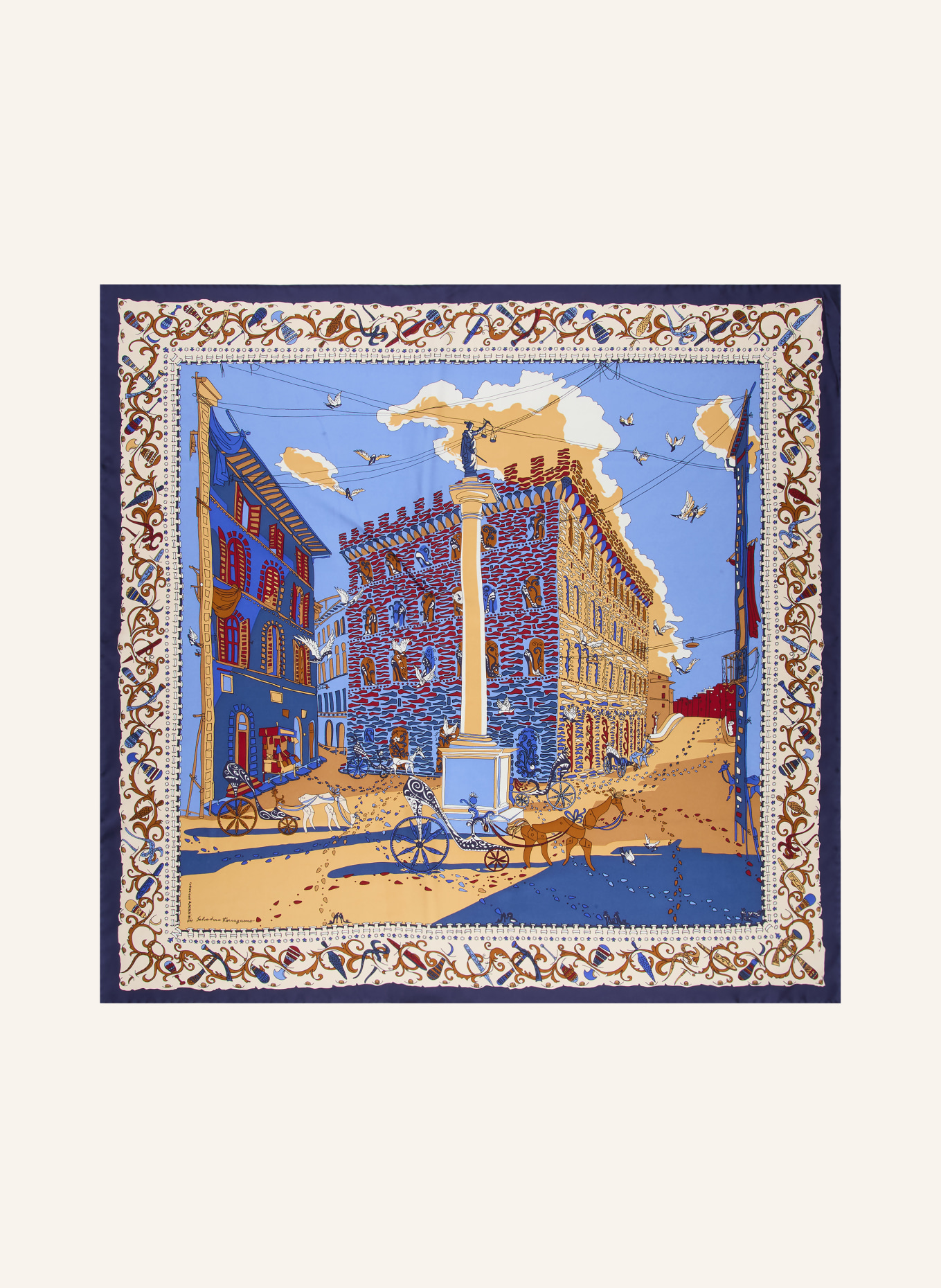 FERRAGAMO Silk scarf: DARK BLUE / COGNAC / CREAM