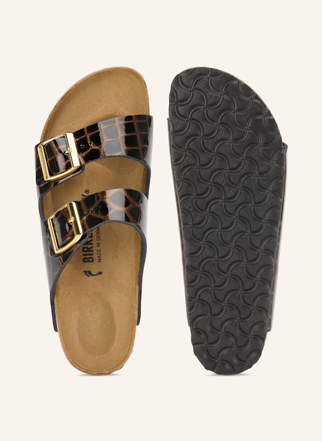 BIRKENSTOCK Lak-mulesko ARIZONA BS: MØRKEBRUN / GULD