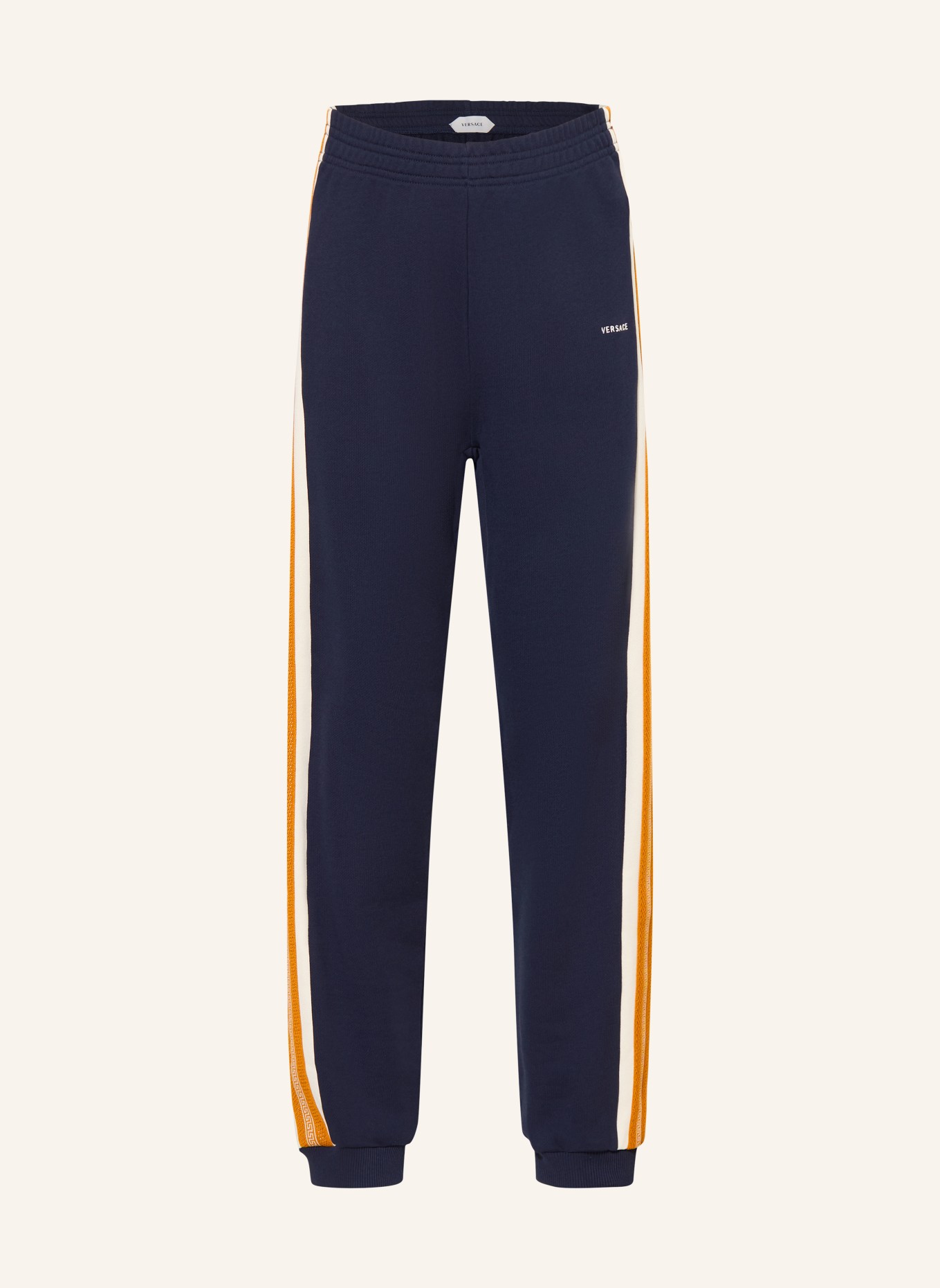 VERSACE Pantalon en molleton à bandes décoratives: BLEU FONCÉ / COGNAC / CRÈME