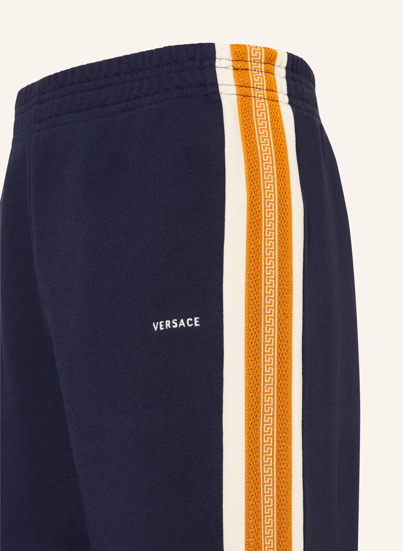 VERSACE Pantalon en molleton à bandes décoratives: BLEU FONCÉ / COGNAC / CRÈME