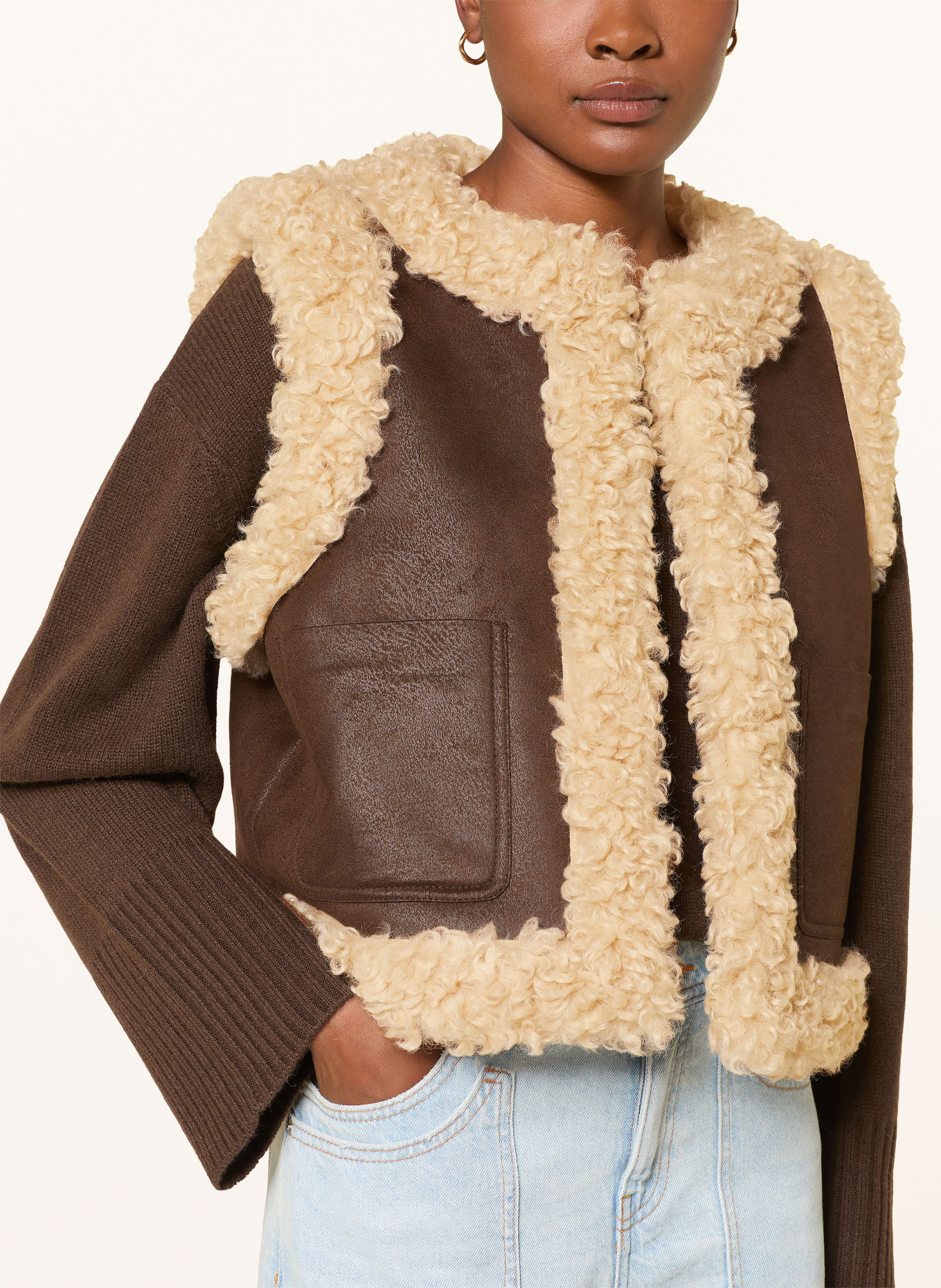 MRS & HUGS Bodywarmer in leerlook met kunstbont: MARRON FONCÉ / BEIGE